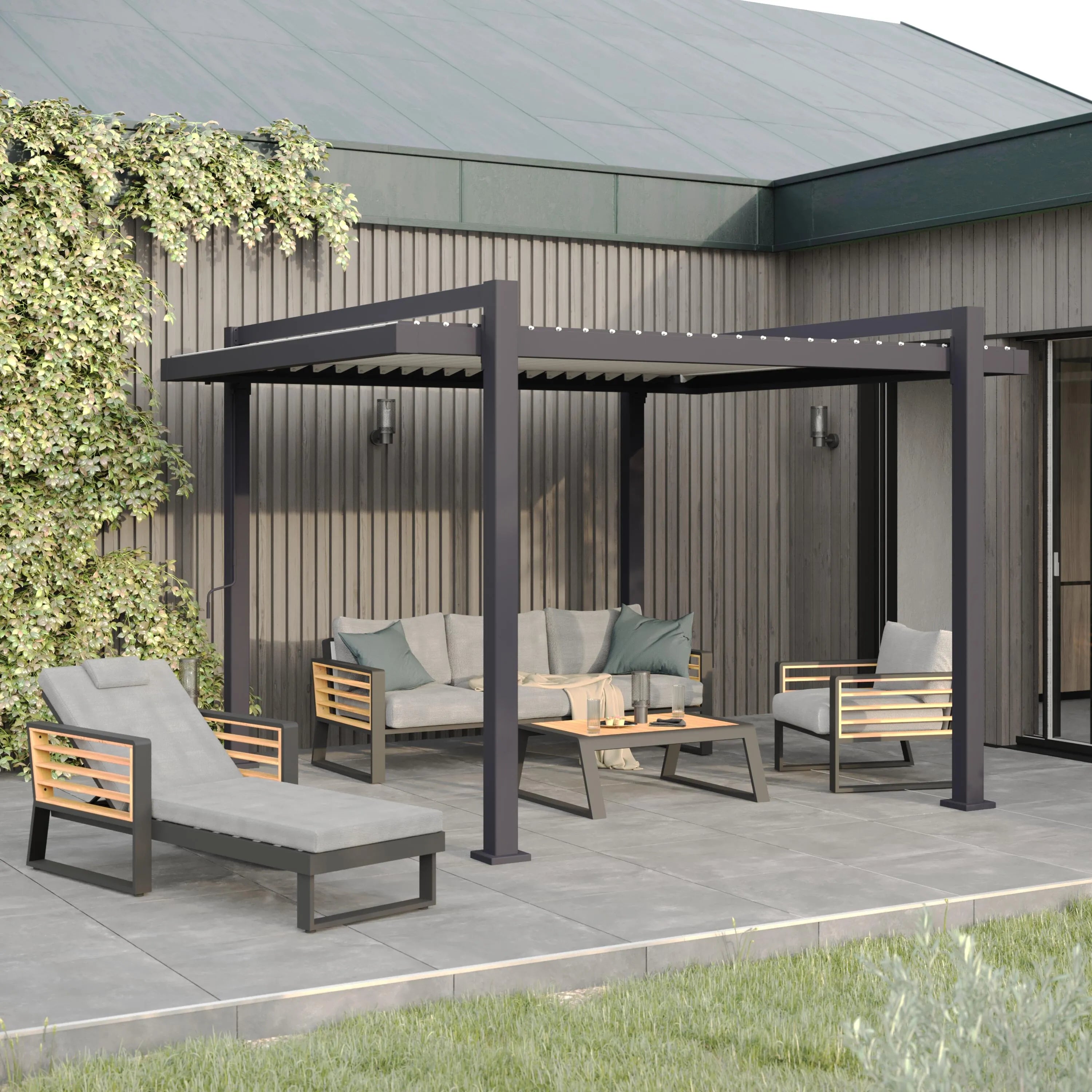 Pérgola bioclimática de aluminio NATERIAL Odyssea gris y lama gris claro de 320 x 358.5 x 247 cm manual